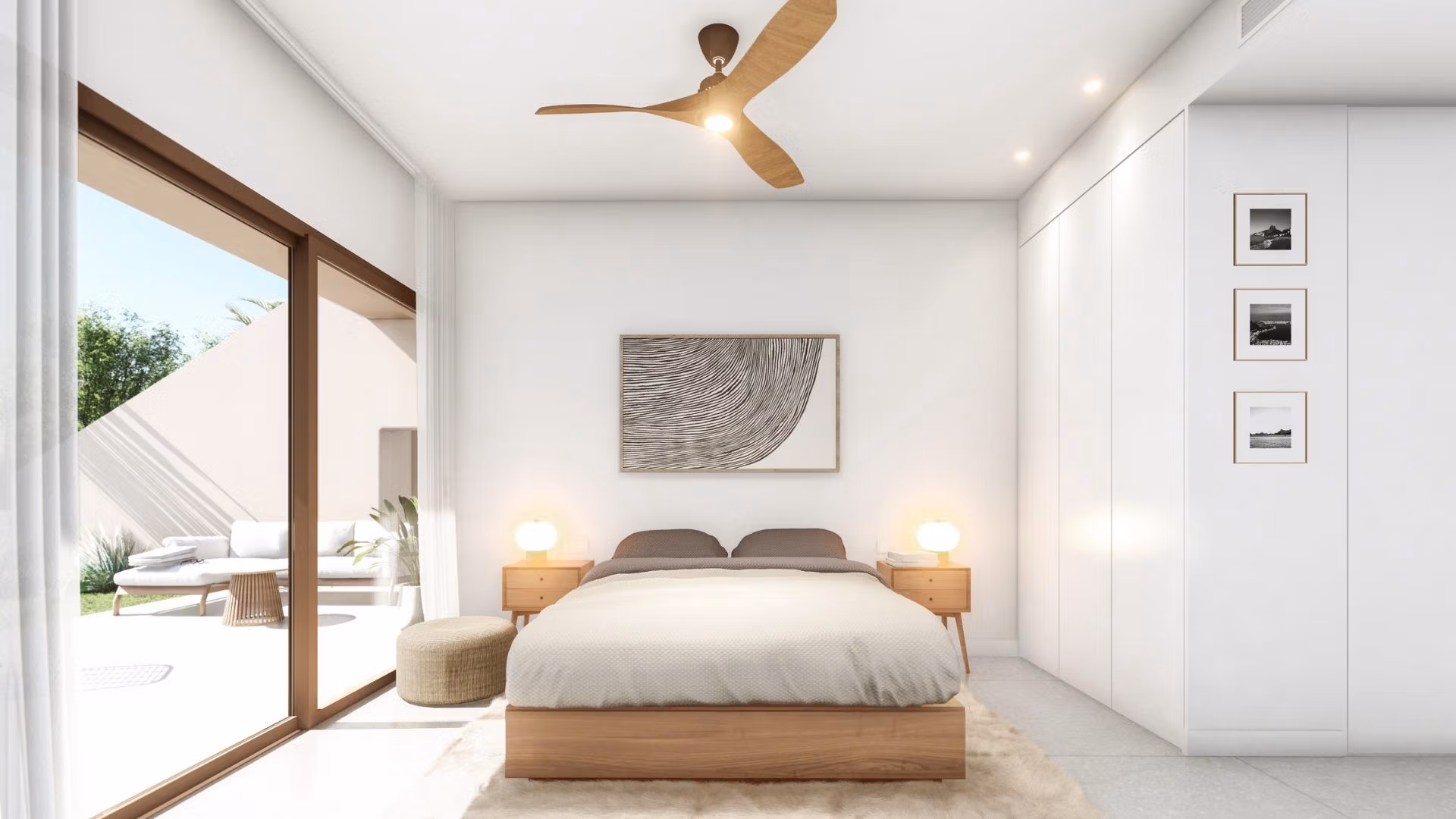 Bright modern bedroom with minimalist decor and garden views in spacious 3-bedroom ground floor bungalow, Roda Golf, San Javier.
