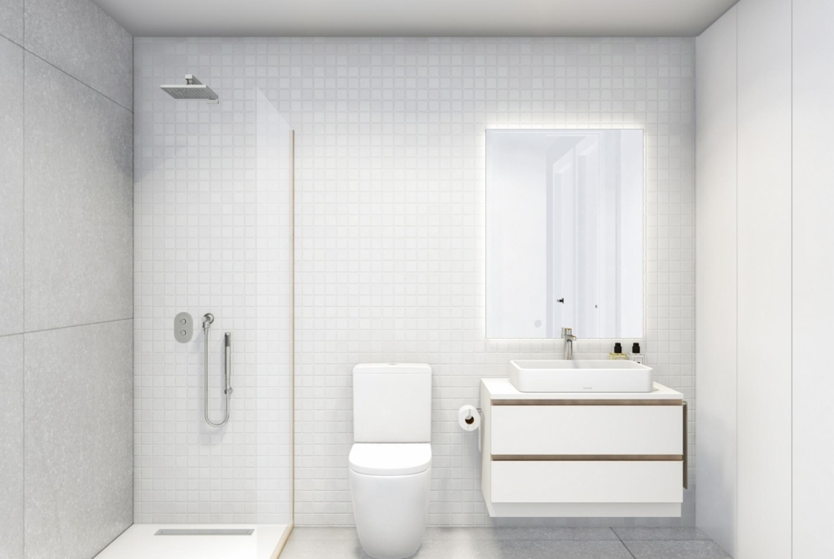 Bright modern bathroom with sleek walk-in shower and minimalist vanity in 3-bedroom penthouse at Roda Golf, San Javier.