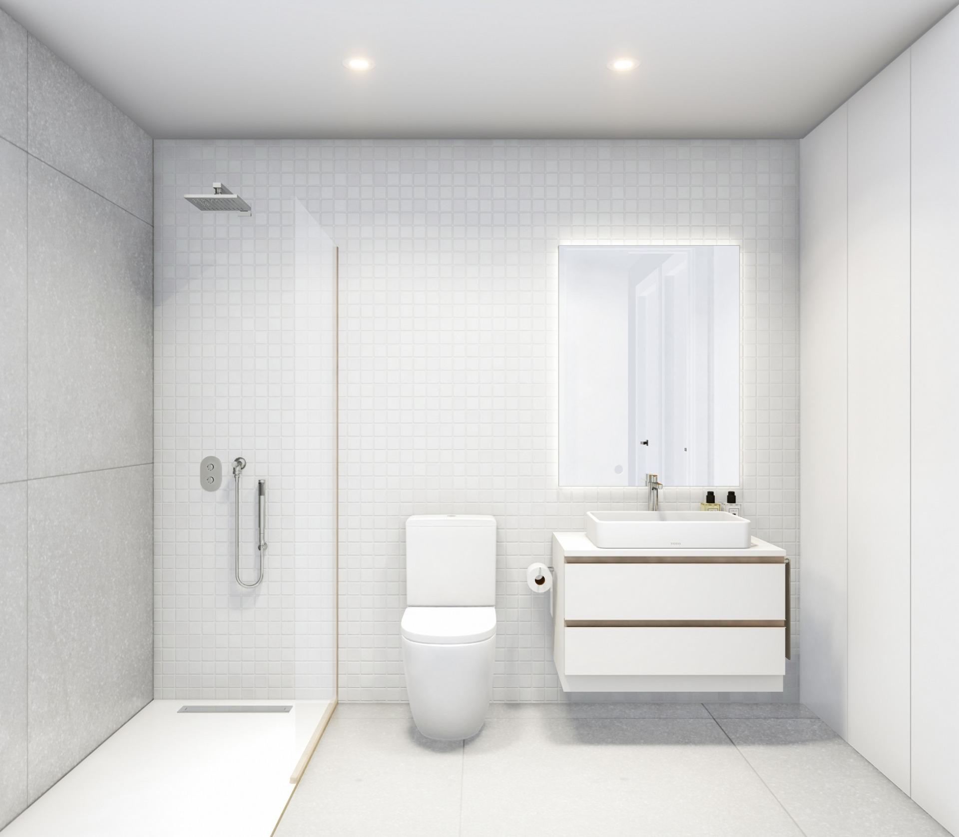 Bright modern bathroom with sleek walk-in shower and minimalist vanity in 3-bedroom penthouse at Roda Golf, San Javier.