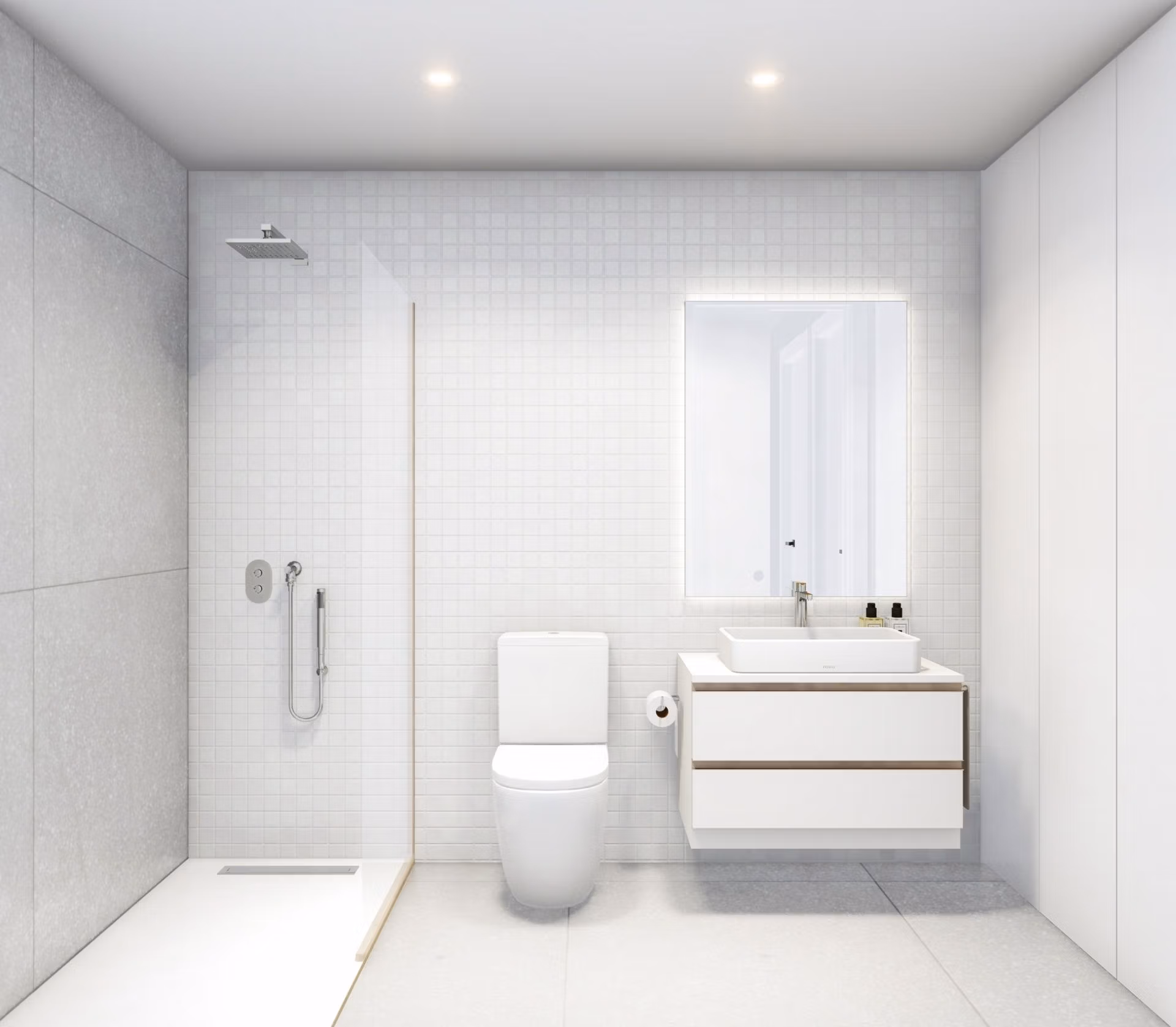 Bright modern bathroom with sleek walk-in shower and elegant vanity in spacious 3-bedroom bungalow in Roda Golf, San Javier