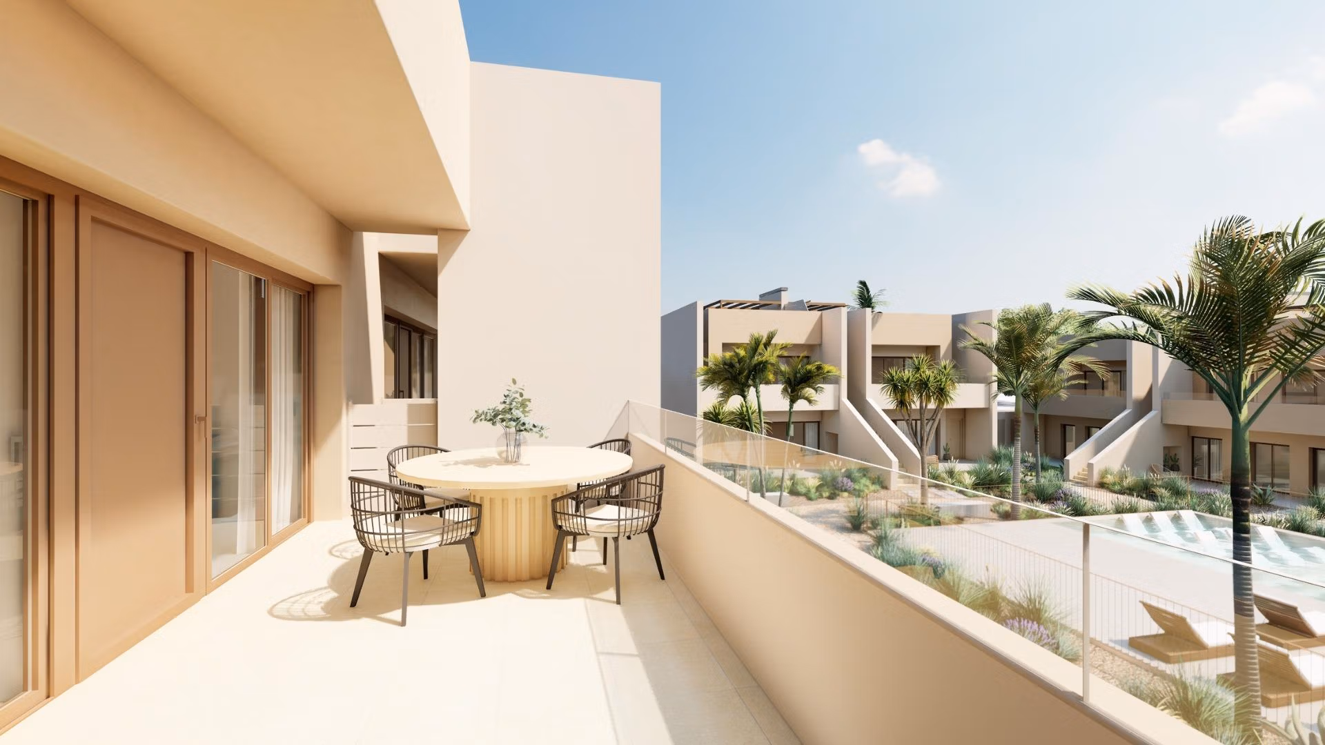 Bright, modern terrace with stylish outdoor seating overlooking landscaped gardens in spacious 3-bedroom ground floor bungalow, Roda Golf San Javier.