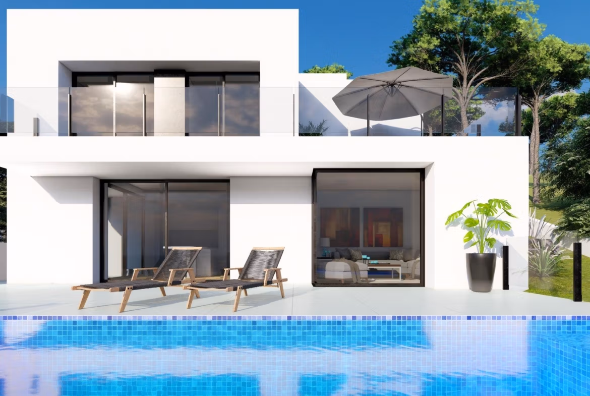 Sun-drenched modern 2 bedroom villa in Cumbre del Sol with private pool, sleek terrace, and lush green surroundings.