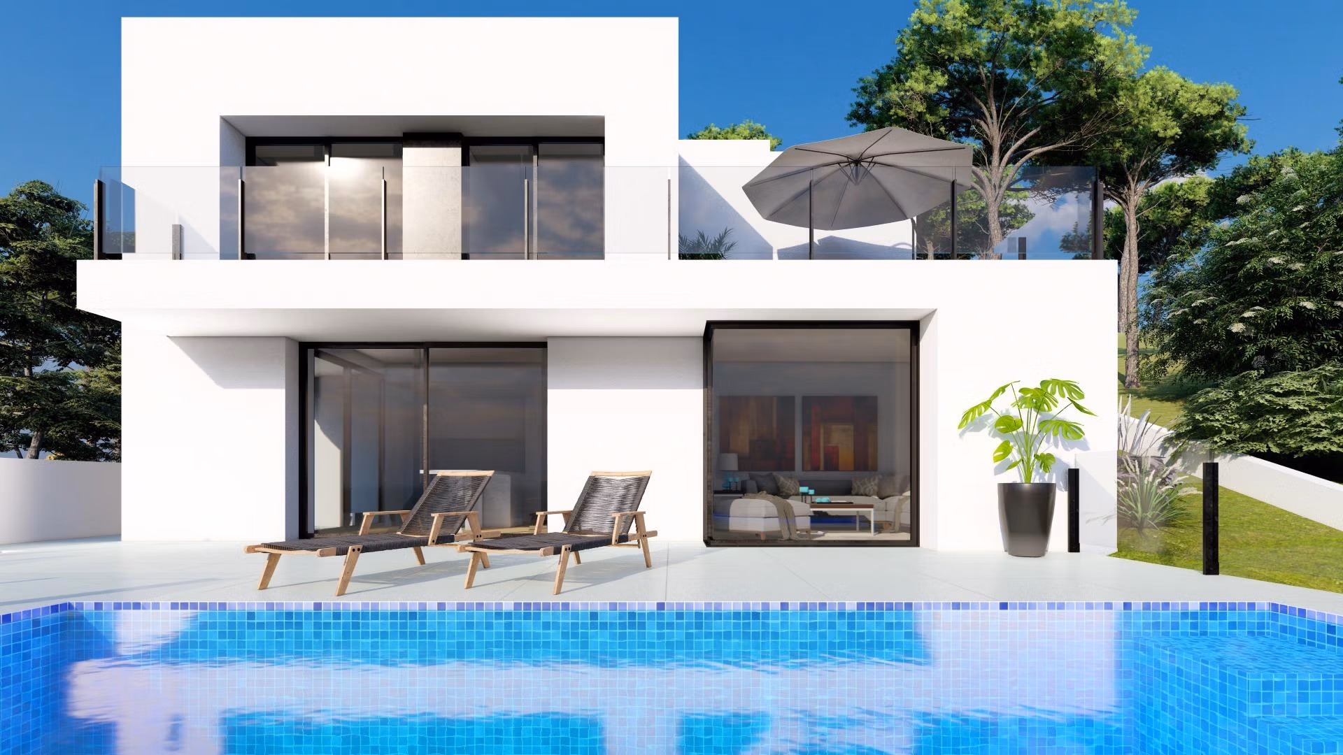 NEW-BUILD-LUXURY-VILLA-IN-CUMBRE-DEL-SOL-2 Sun-drenched modern 2 bedroom villa in Cumbre del Sol with private pool, sleek terrace, and lush green surroundings.