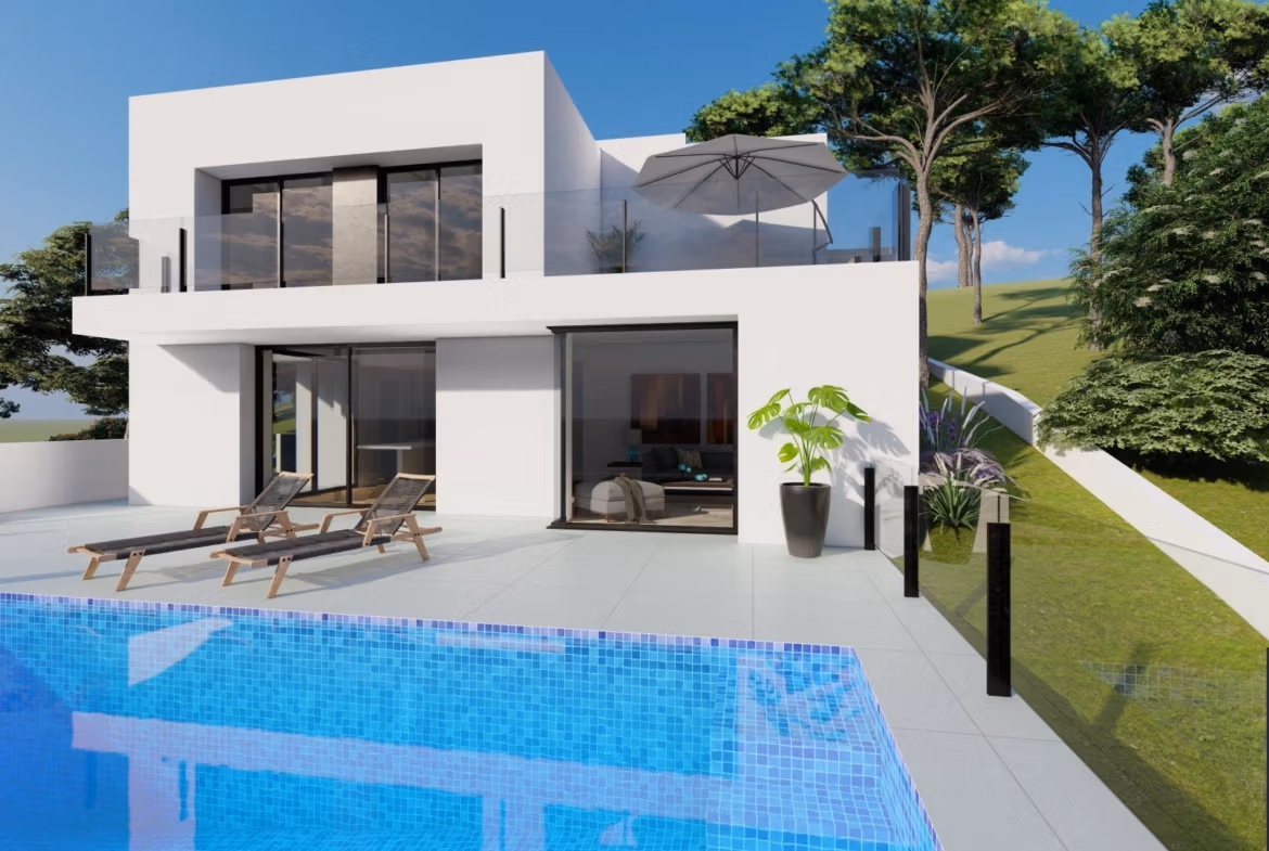 Modern 2-bedroom villa with sleek white facade, sun-drenched terrace, and private sparkling pool in Cumbre del Sol, Benitachell.