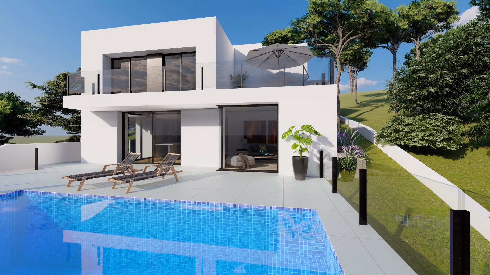 NEW-BUILD-LUXURY-VILLA-IN-CUMBRE-DEL-SOL-3 Modern 2-bedroom villa with sleek white facade, sun-drenched terrace, and private sparkling pool in Cumbre del Sol, Benitachell.