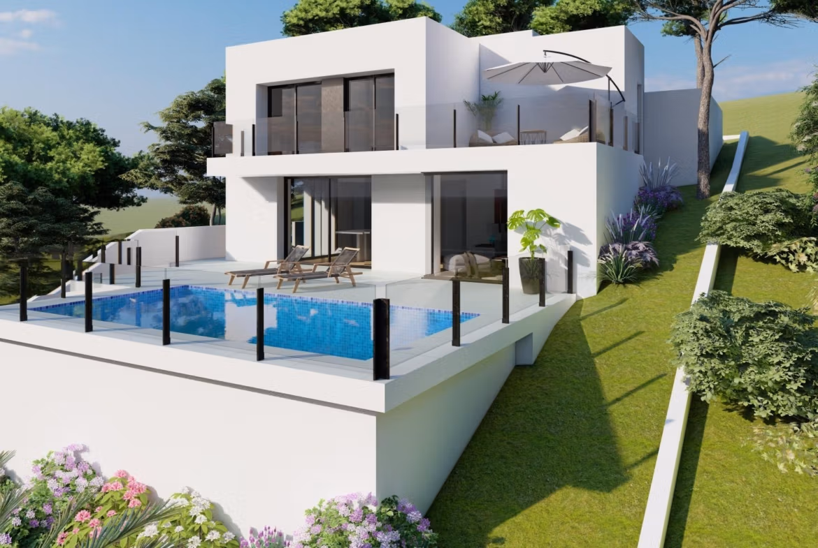 Stunning modern two-bedroom villa with private infinity pool, spacious terraces, and lush landscaping in Cumbre del Sol, Benitachell.