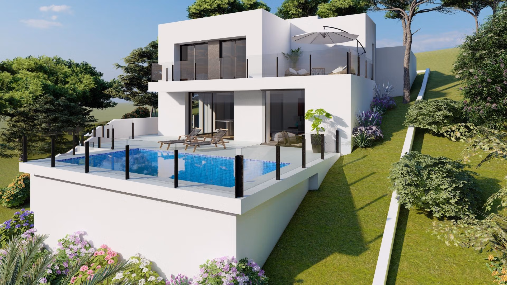 NEW-BUILD-LUXURY-VILLA-IN-CUMBRE-DEL-SOL-4 Stunning modern two-bedroom villa with private infinity pool, spacious terraces, and lush landscaping in Cumbre del Sol, Benitachell.