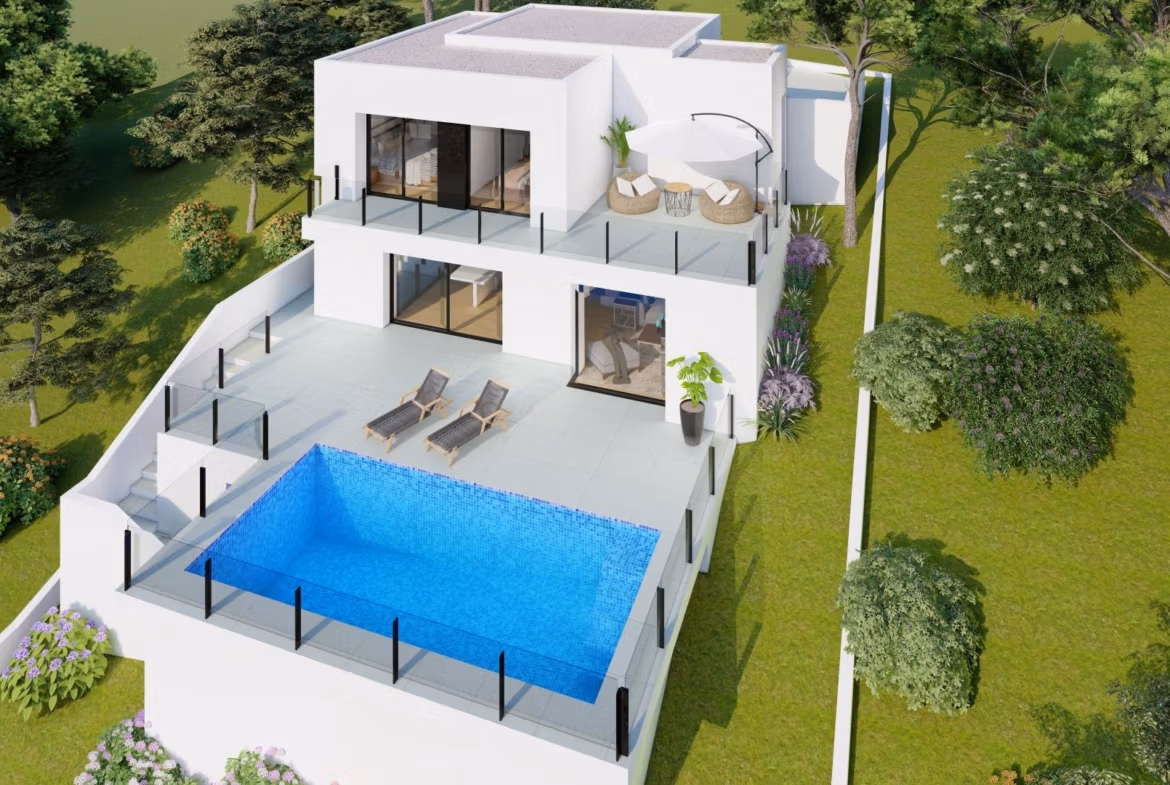 Stunning modern 2-bedroom villa in Cumbre del Sol with private infinity pool, spacious terraces, and lush green surroundings.