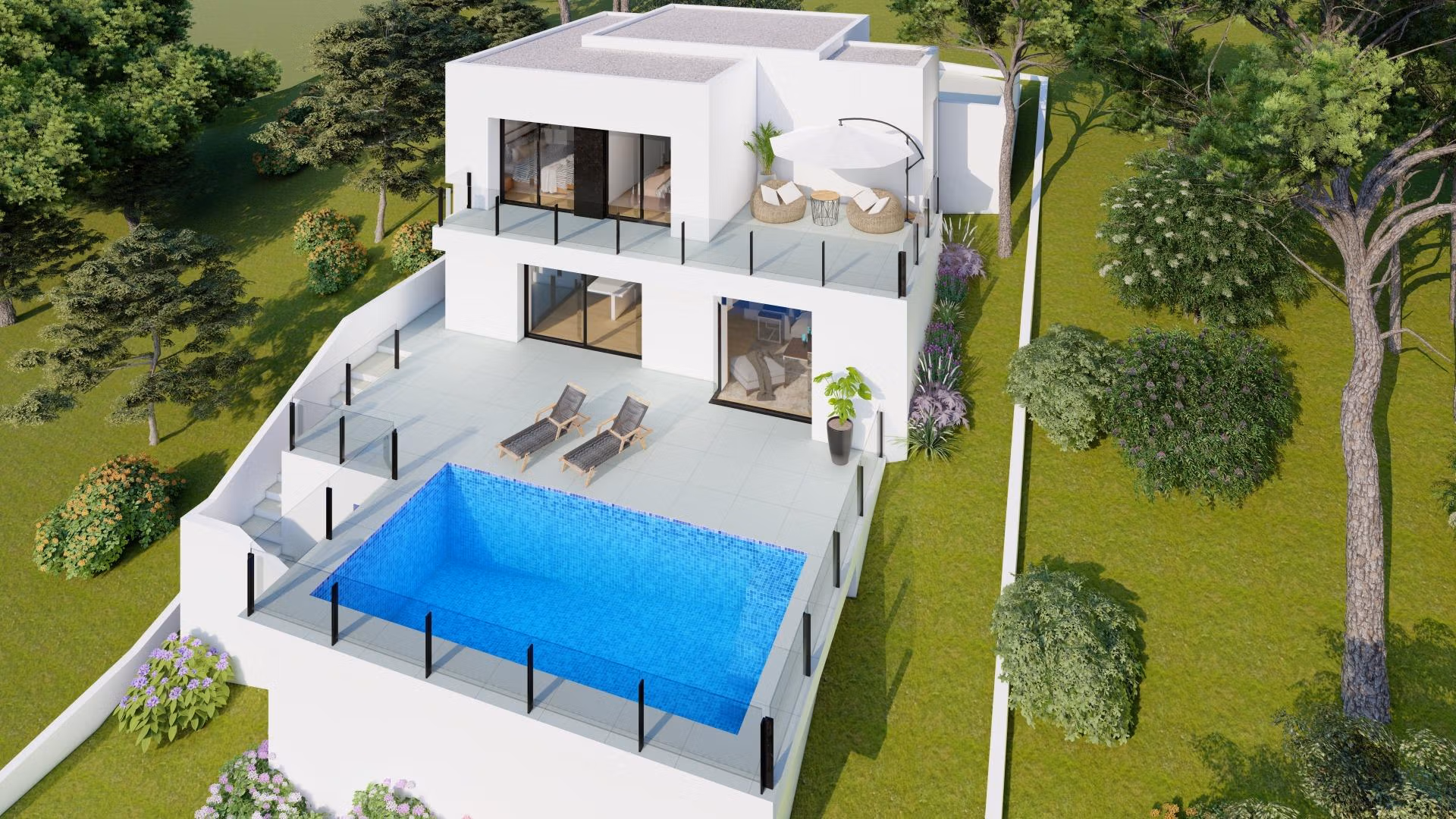 NEW-BUILD-LUXURY-VILLA-IN-CUMBRE-DEL-SOL-5 Stunning modern 2-bedroom villa in Cumbre del Sol with private infinity pool, spacious terraces, and lush green surroundings.