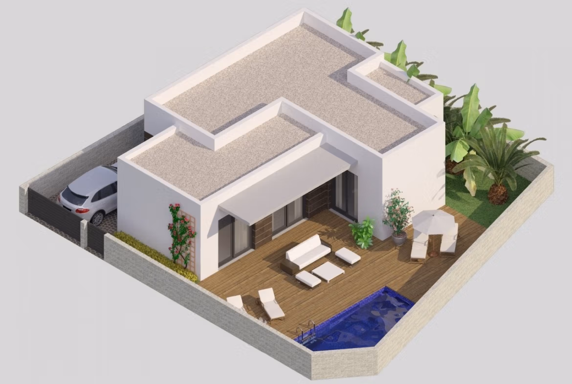 Modern single-storey 2-bedroom villa in Benijófar featuring a private pool, sun-drenched terrace, and landscaped garden.