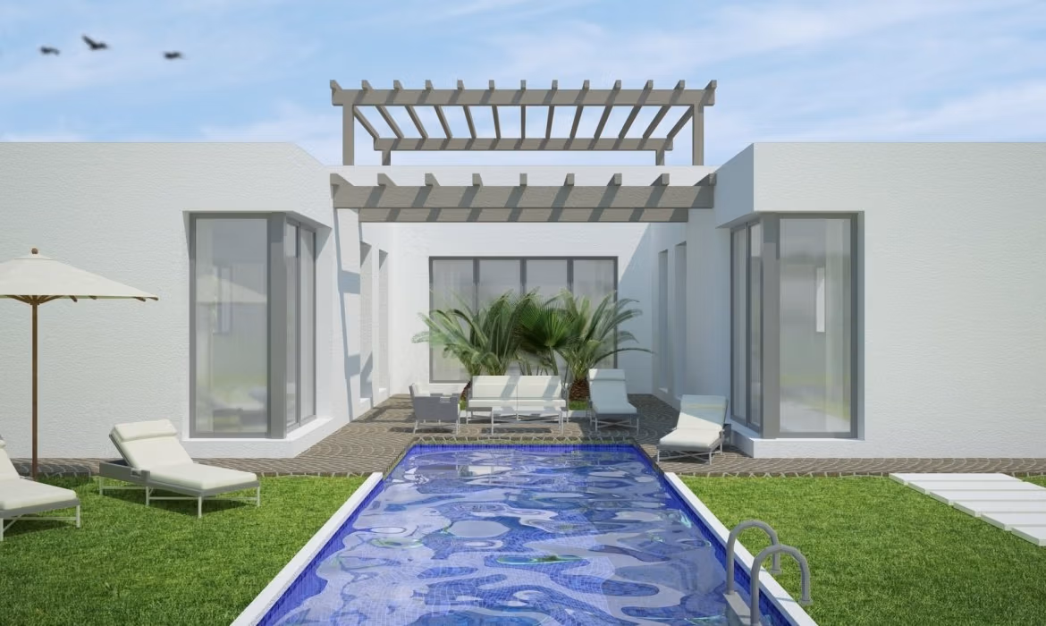 NEW-BUILD-MODERN-VILLAS-IN-BENIJOFAR-1 Modern white single-storey villa in Benijófar with spacious private pool, sun-drenched terrace, and landscaped large plot.
