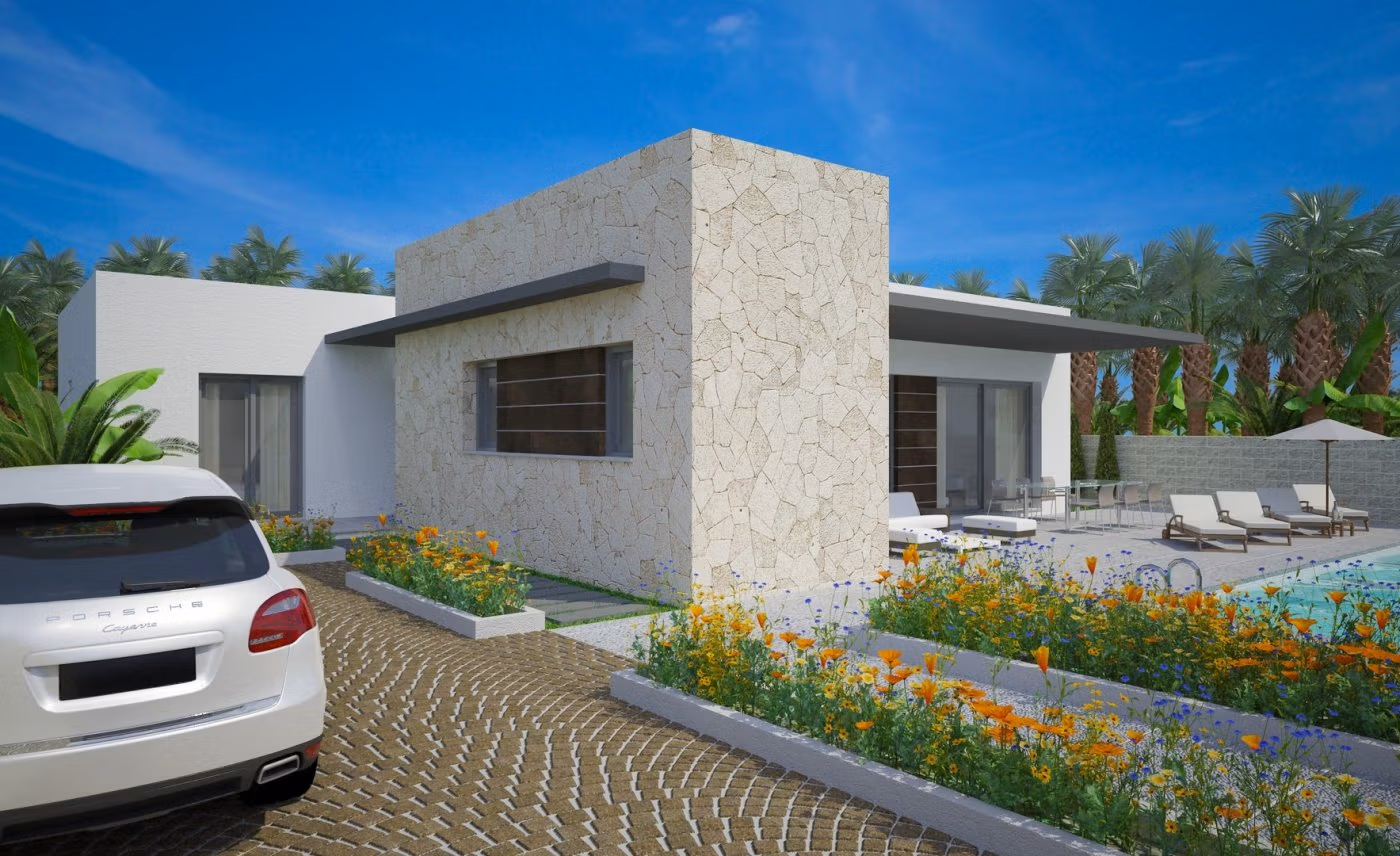 NEW-BUILD-MODERN-VILLAS-IN-BENIJOFAR-1 Modern single-storey 3-bedroom villa in Benijófar with sun-drenched terrace, private pool, and vibrant landscaped garden on large plot.