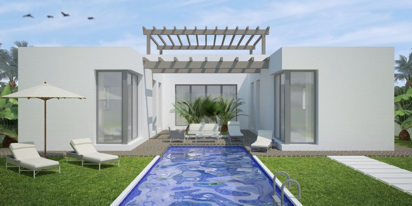 NEW-BUILD-MODERN-VILLAS-IN-BENIJOFAR-1 Modern white single-storey villa in Benijófar with spacious private pool, sun-drenched terrace, and landscaped large plot.