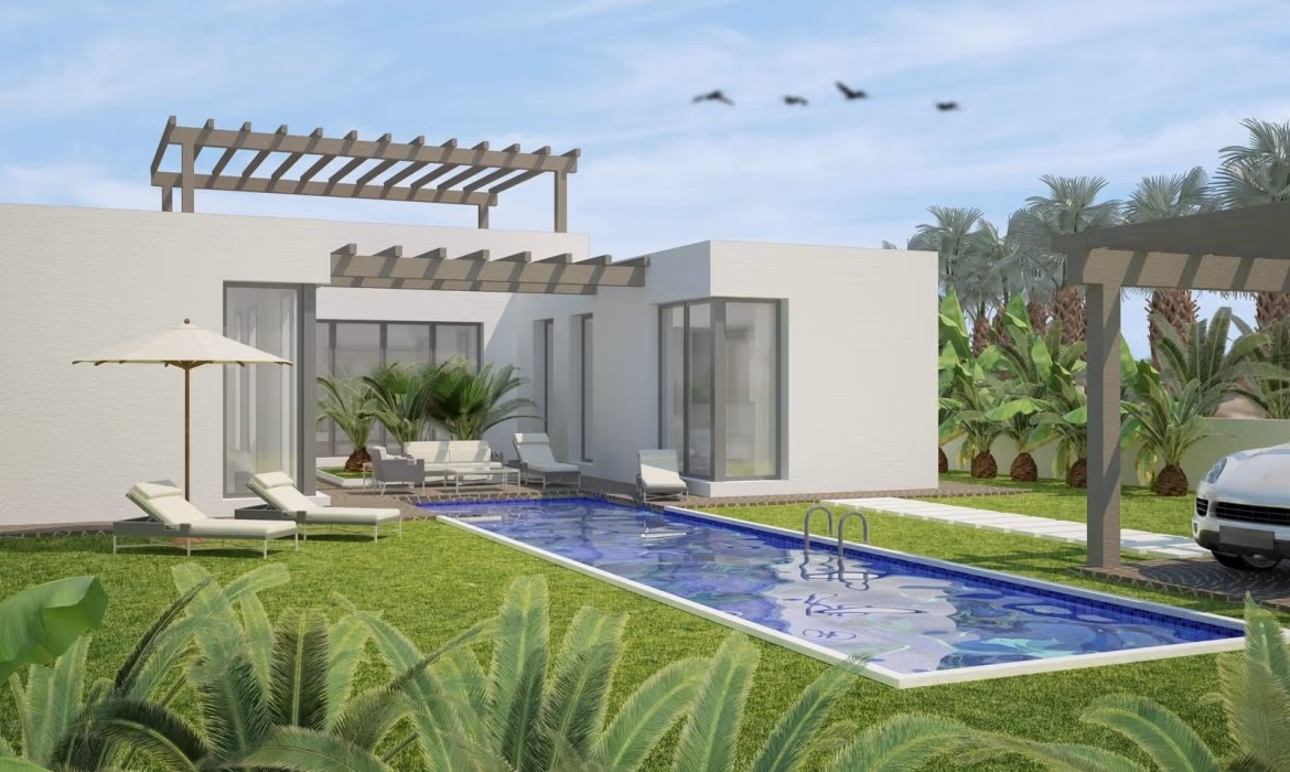 NEW BUILD MODERN VILLAS IN BENIJOFAR Modern sun-drenched 3-bedroom single-storey villa with private pool and pergola on spacious landscaped plot in Benijófar, Alicante