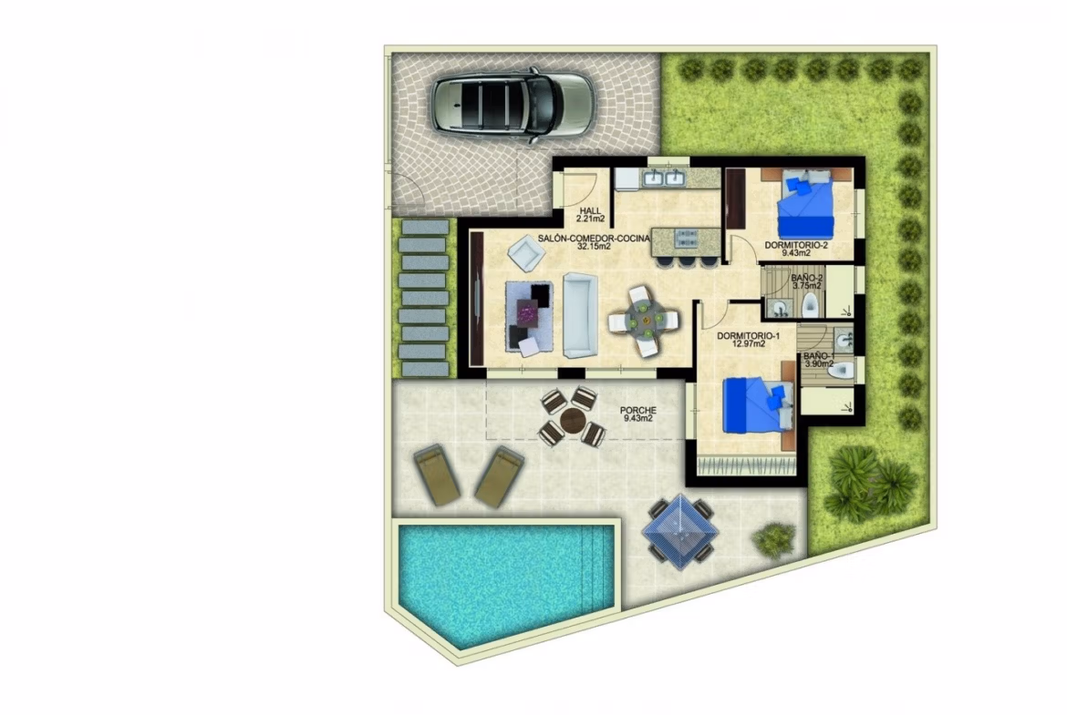 Spacious floor plan of a modern 2-bedroom single-storey villa with private pool and landscaped garden in Benijófar, Alicante