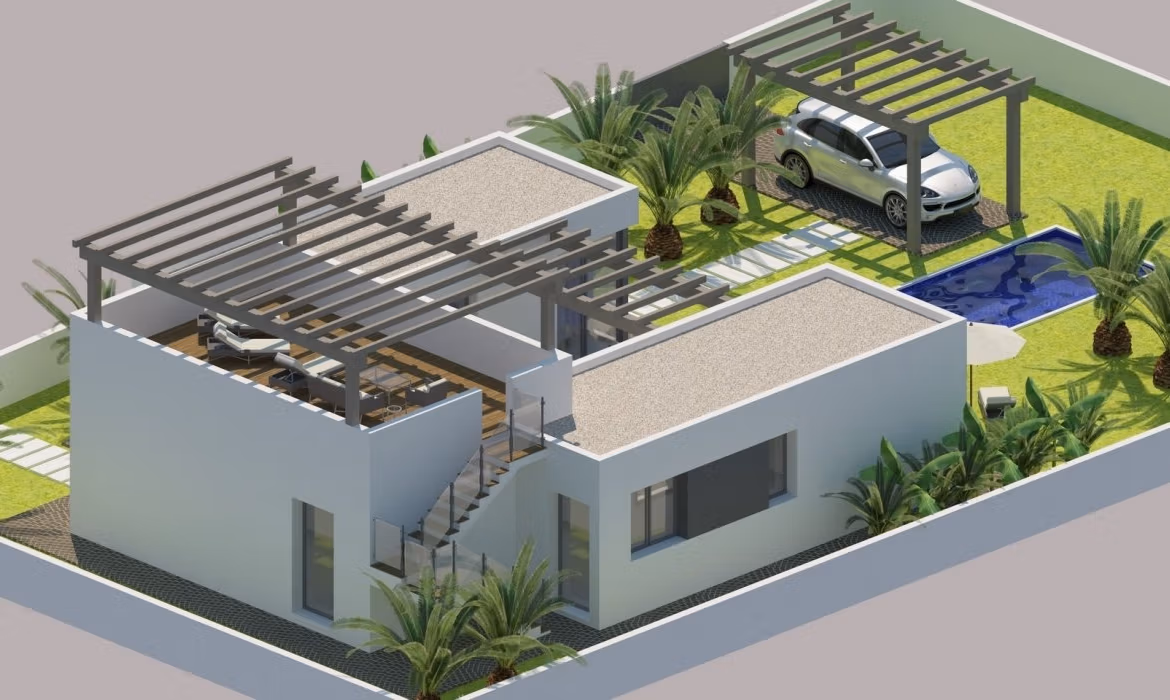 NEW-BUILD-MODERN-VILLAS-IN-BENIJOFAR-2 Modern 3-bedroom single-storey villa in Benijófar with spacious sun-drenched terrace, private pool, carport, and landscaped large plot.