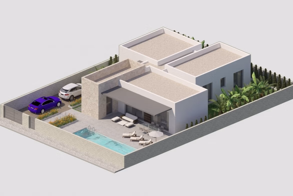 NEW-BUILD-MODERN-VILLAS-IN-BENIJOFAR-2 Modern single-storey 3-bedroom villa with private pool, spacious terrace, and landscaped large plot in Benijófar, Alicante.