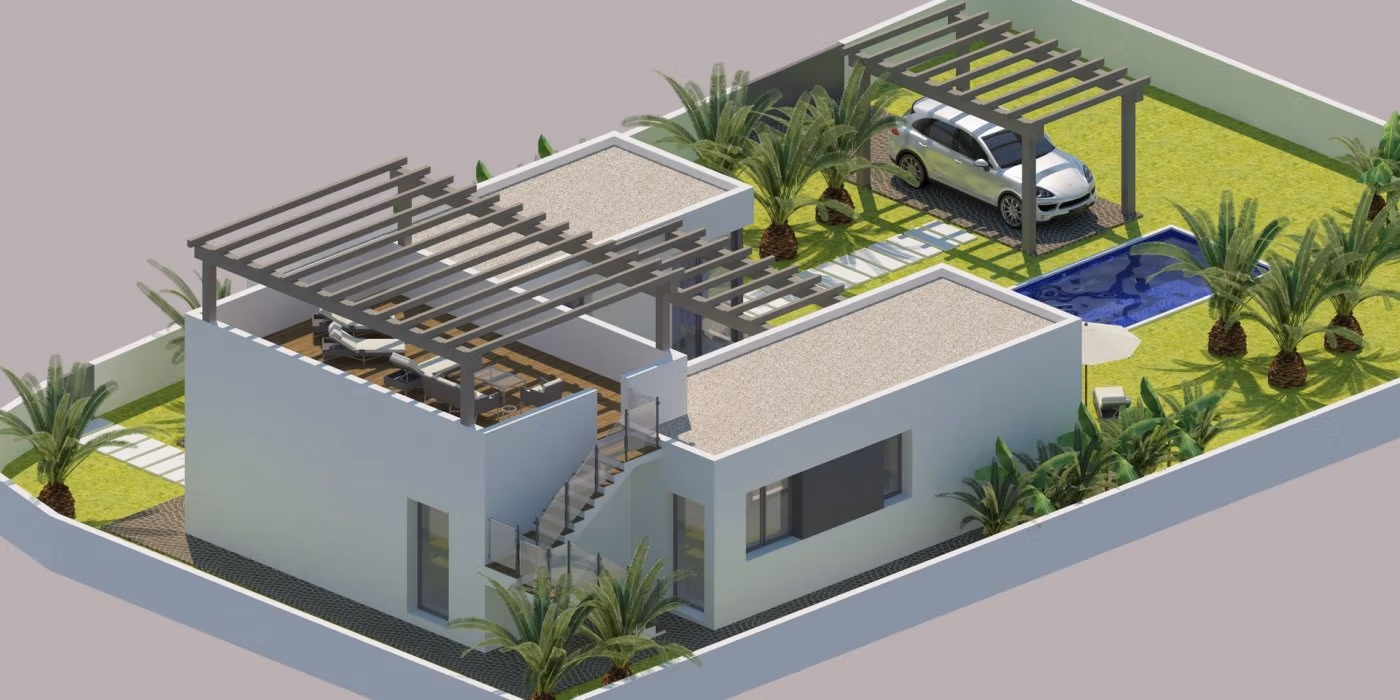 NEW-BUILD-MODERN-VILLAS-IN-BENIJOFAR-2 Modern 3-bedroom single-storey villa in Benijófar with spacious sun-drenched terrace, private pool, carport, and landscaped large plot.