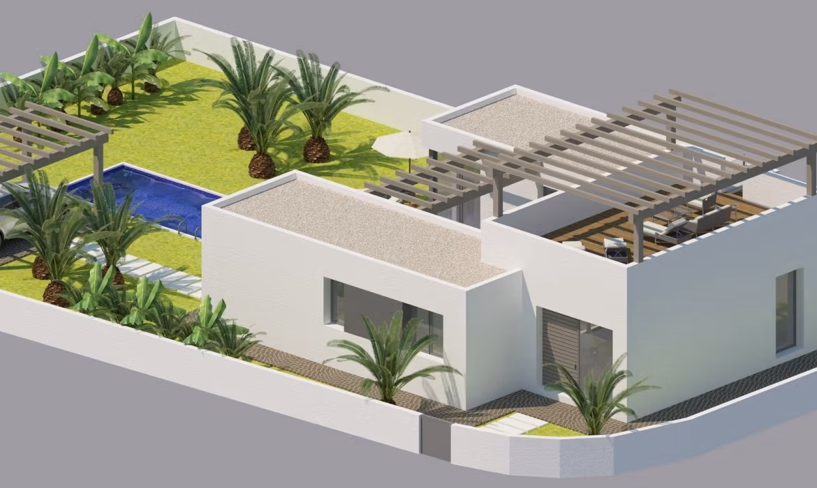 NEW-BUILD-MODERN-VILLAS-IN-BENIJOFAR-3 Modern sun-drenched 3-bedroom single-storey villa with private pool and lush landscaped garden in Benijófar, Alicante.