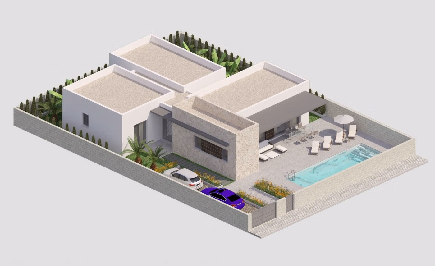NEW-BUILD-MODERN-VILLAS-IN-BENIJOFAR-3 Modern single-storey 3-bedroom villa with private pool and spacious terrace on a large landscaped plot in Benijófar, Alicante.