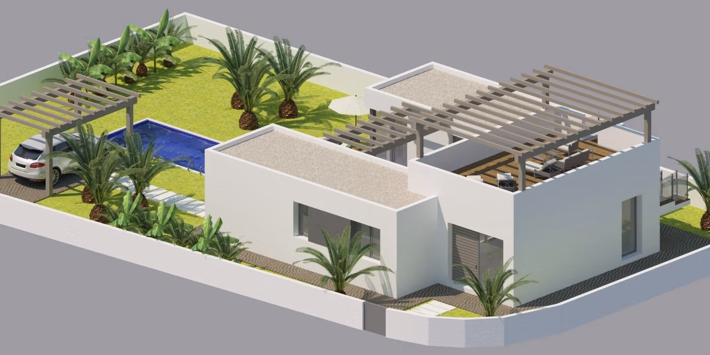 NEW-BUILD-MODERN-VILLAS-IN-BENIJOFAR-3 Modern sun-drenched 3-bedroom single-storey villa with private pool and lush landscaped garden in Benijófar, Alicante.