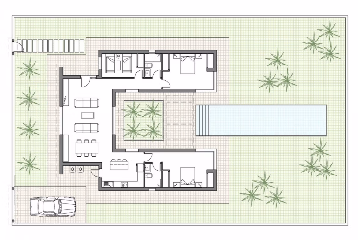 NEW-BUILD-MODERN-VILLAS-IN-BENIJOFAR-4 Spacious floor plan of custom 3-bedroom single-storey villa with private pool and large garden in Benijófar, Alicante.