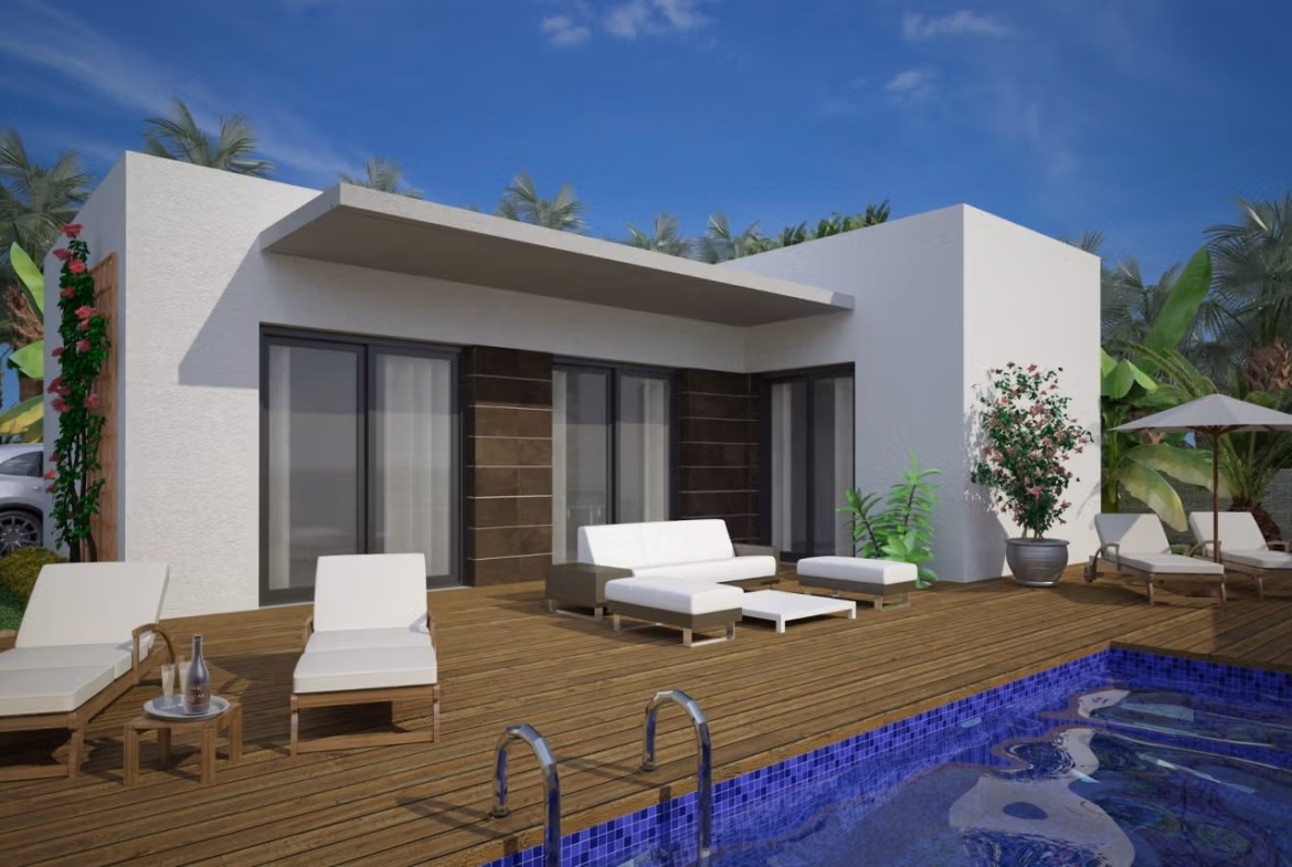 Villa moderna de una planta con 2 dormitorios, terraza soleada y piscina privada en Benijófar.