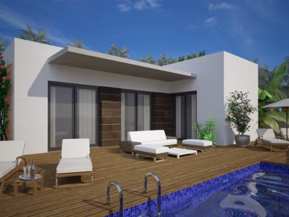 Moderne einstöckige 2-Schlafzimmer-Villa in Benijófar mit sonniger Terrasse und privatem Pool.