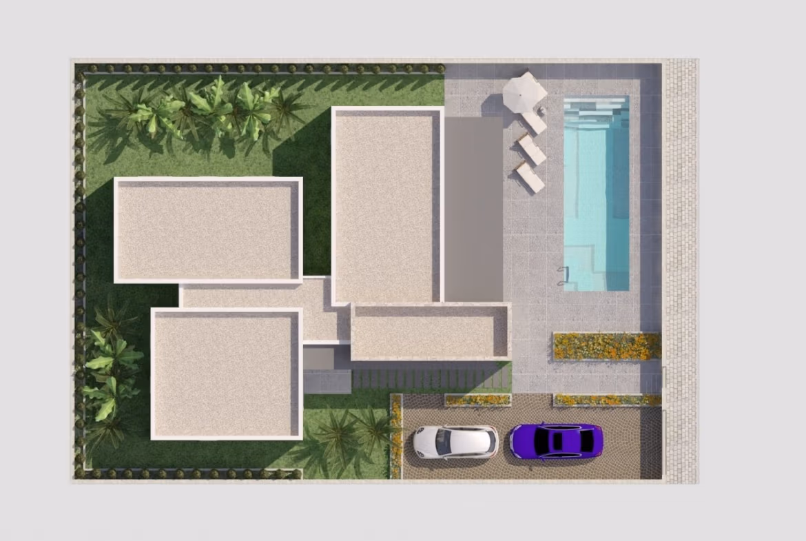 NEW-BUILD-MODERN-VILLAS-IN-BENIJOFAR-6 Top-down aerial view of a modern 3-bedroom single-storey villa with a private pool and spacious landscaped plot in Benijófar, Alicante.