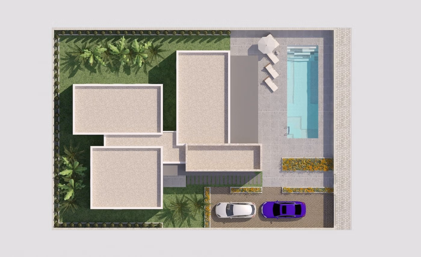 NEW-BUILD-MODERN-VILLAS-IN-BENIJOFAR-6 Top-down aerial view of a modern 3-bedroom single-storey villa with a private pool and spacious landscaped plot in Benijófar, Alicante.