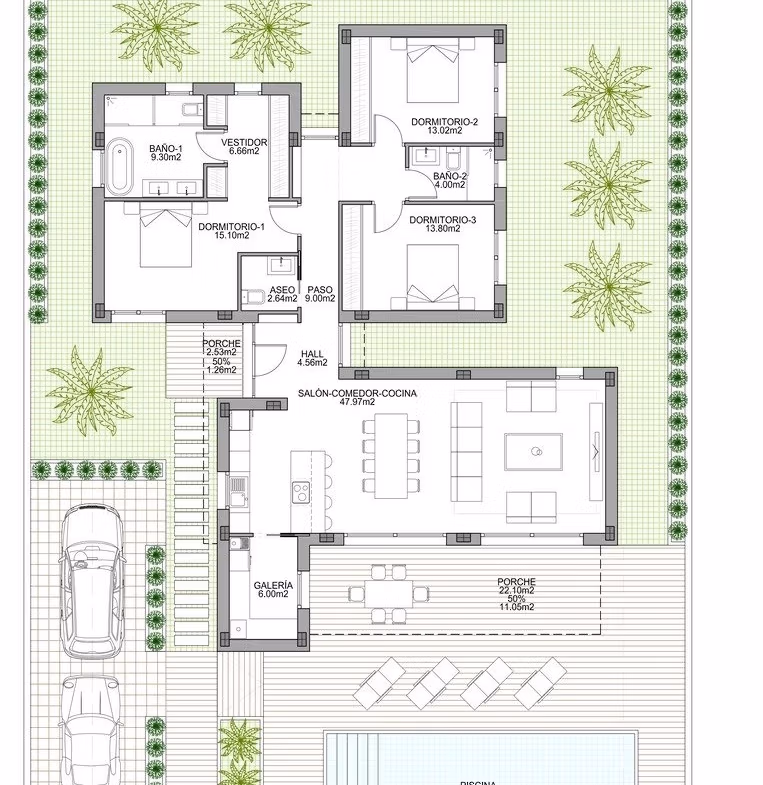 NEW-BUILD-MODERN-VILLAS-IN-BENIJOFAR-7 Spacious floor plan of a new build 3-bedroom single-storey villa in Benijófar with elegant open-plan living and private pool.