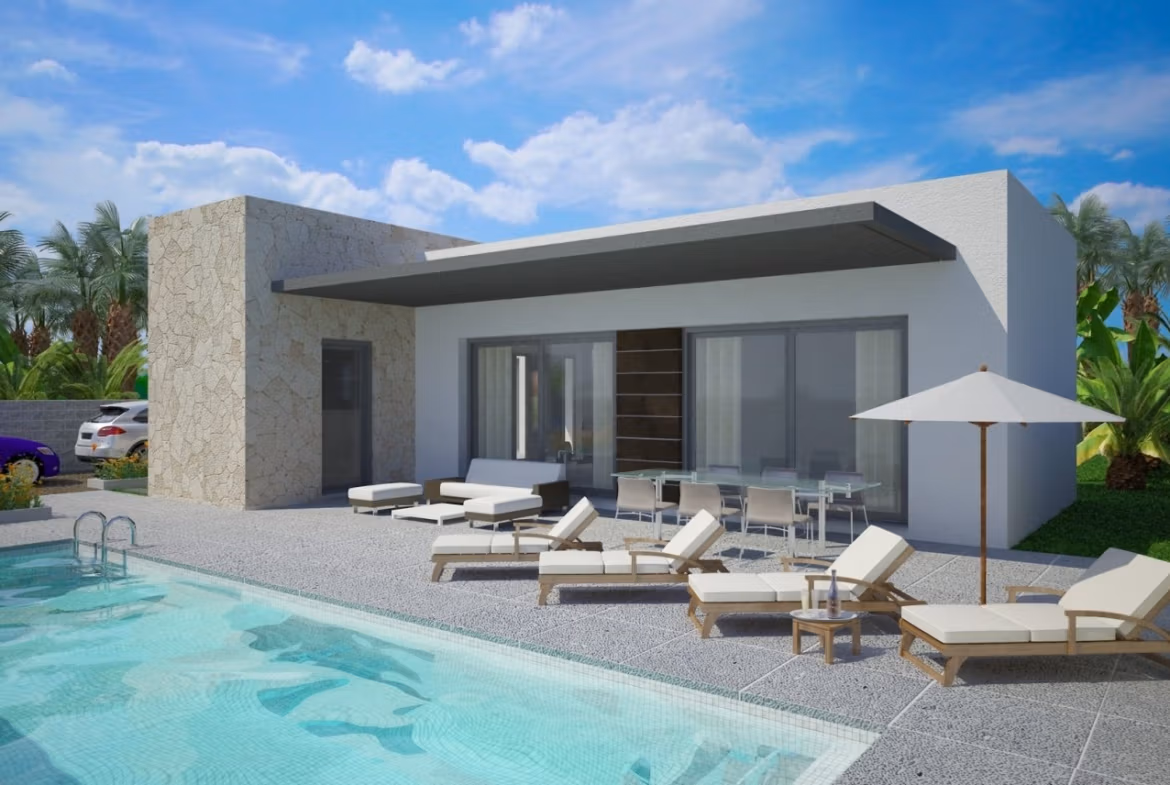 NEW BUILD MODERN VILLAS IN BENIJOFAR Villa de plain-pied de 3 chambres à Benijófar avec piscine privée, grande terrasse et élégant espace extérieur.