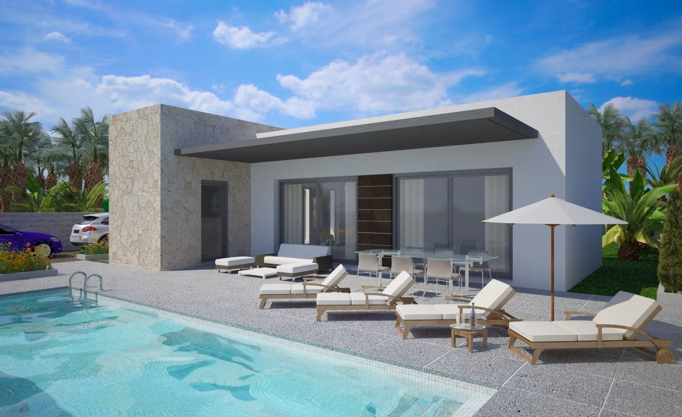 NEW BUILD MODERN VILLAS IN BENIJOFAR Villa de plain-pied de 3 chambres à Benijófar avec piscine privée, grande terrasse et élégant espace extérieur.