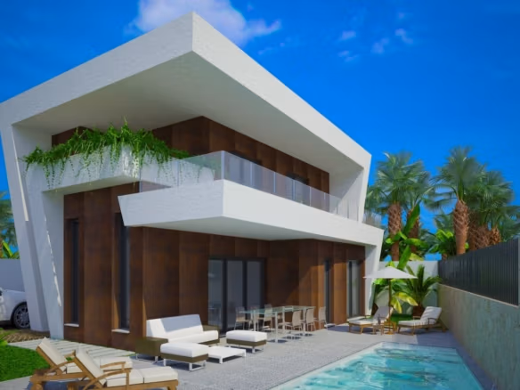 Villa moderna personalizable de 3 dormitorios en Benijófar con piscina privada, terraza y jardín mediterráneo.