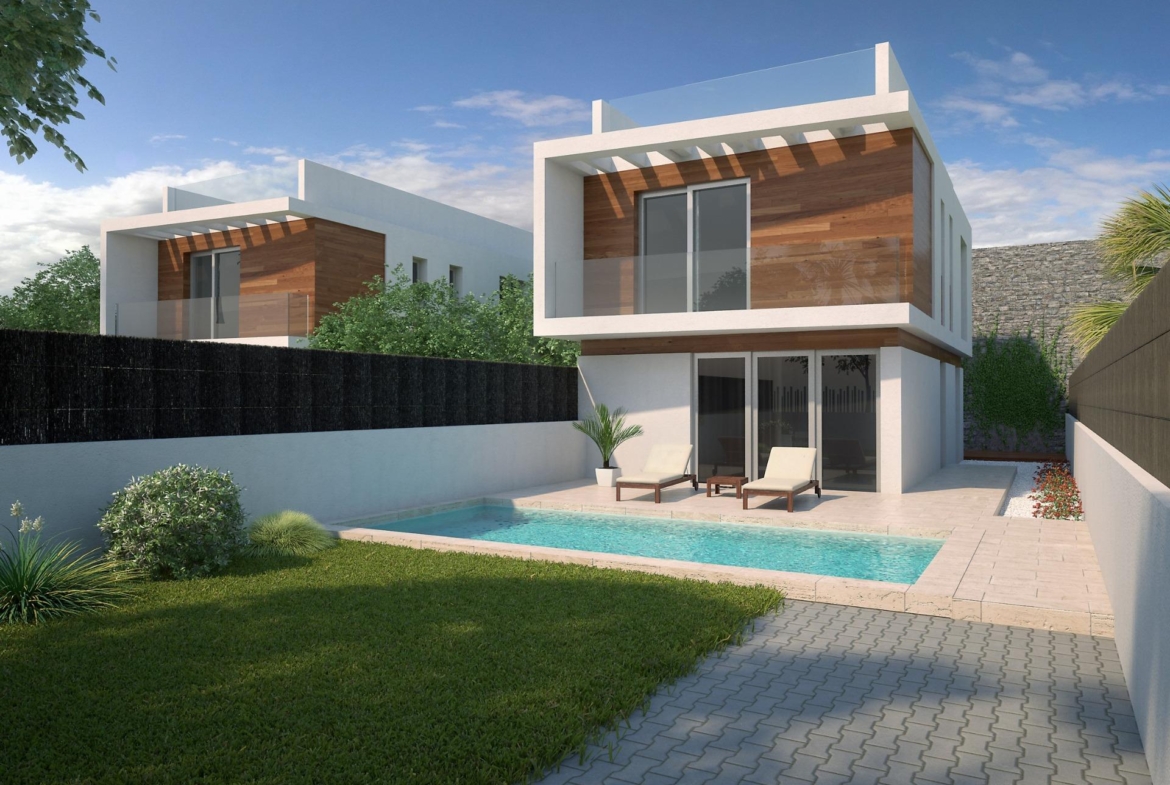 Modern 3-bedroom villa in Villamartin with sleek wooden accents, spacious sunlit terrace, and a private sparkling pool.