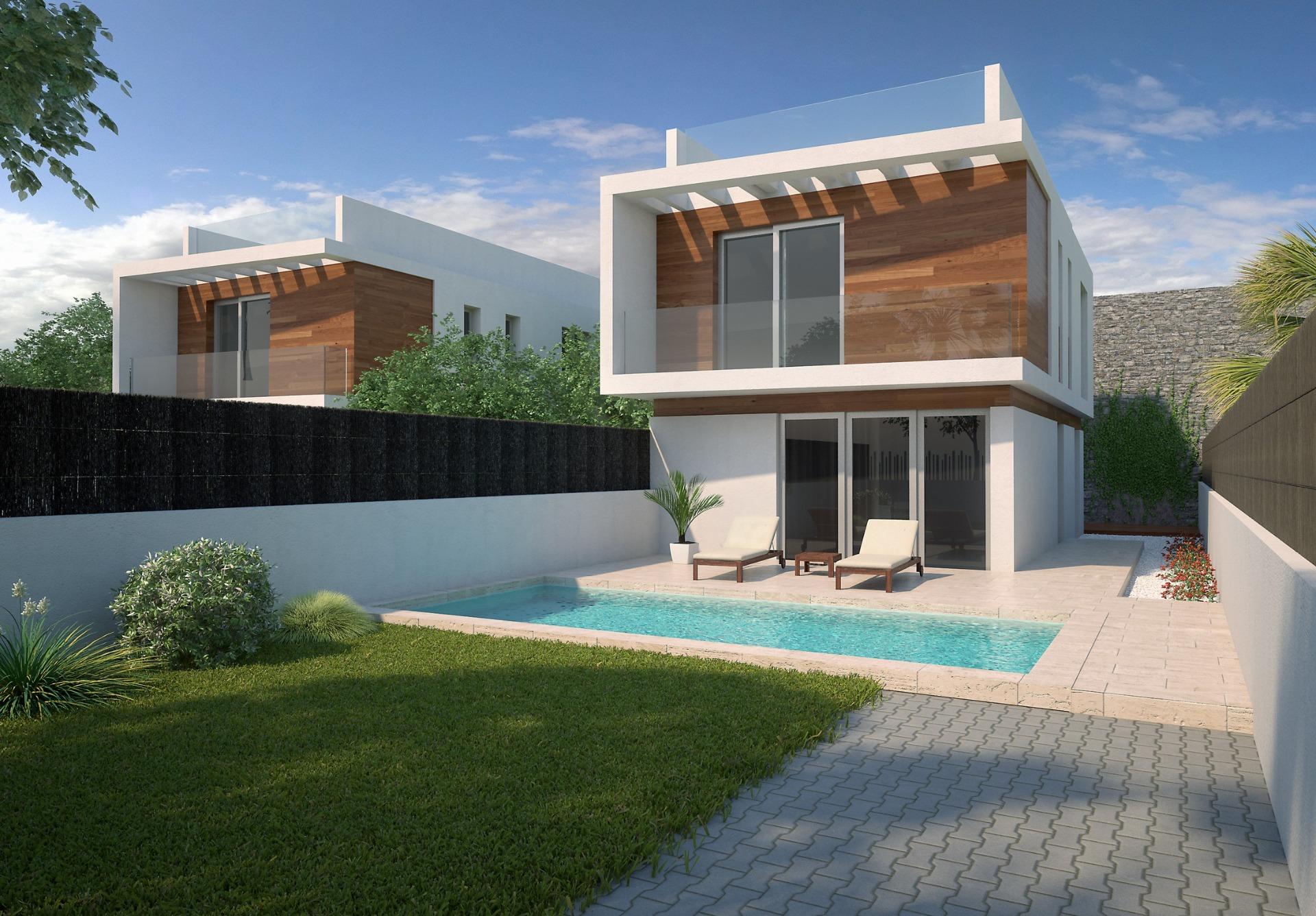 Modern 3-bedroom villa in Villamartin with sleek wooden accents, spacious sunlit terrace, and a private sparkling pool.