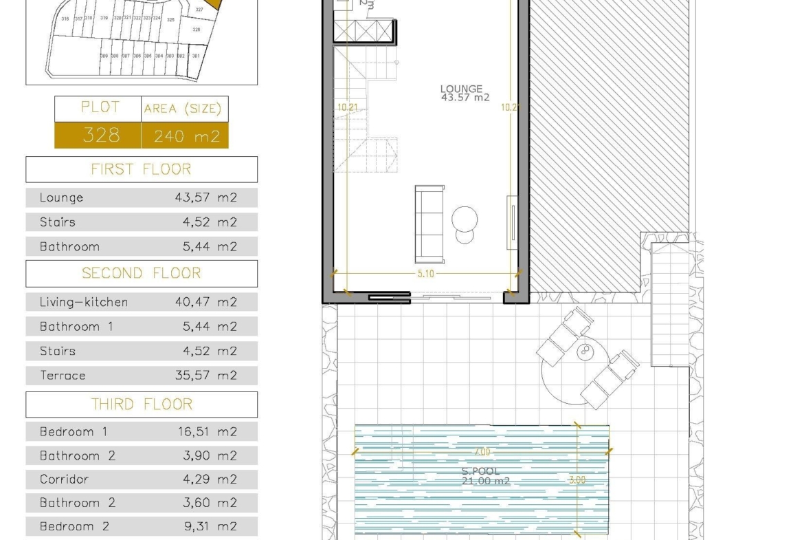Bright, modern floor plan of a spacious 3-bedroom villa with private pool and terraces in Villamartin, Orihuela Costa.