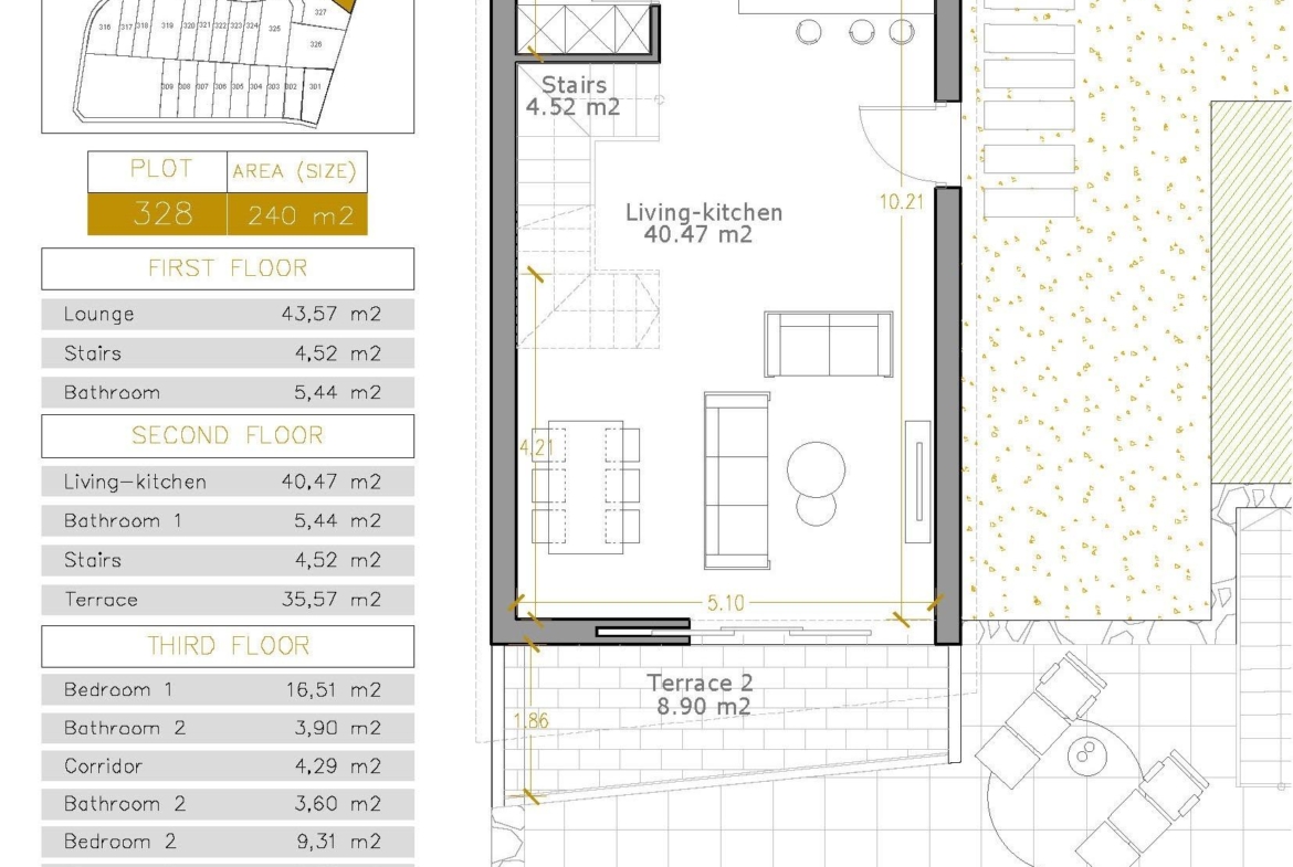 Detailed floor plan of a spacious modern 3-bedroom villa with open-plan living, terraces, and private pool area in Villamartin, Orihuela Costa.