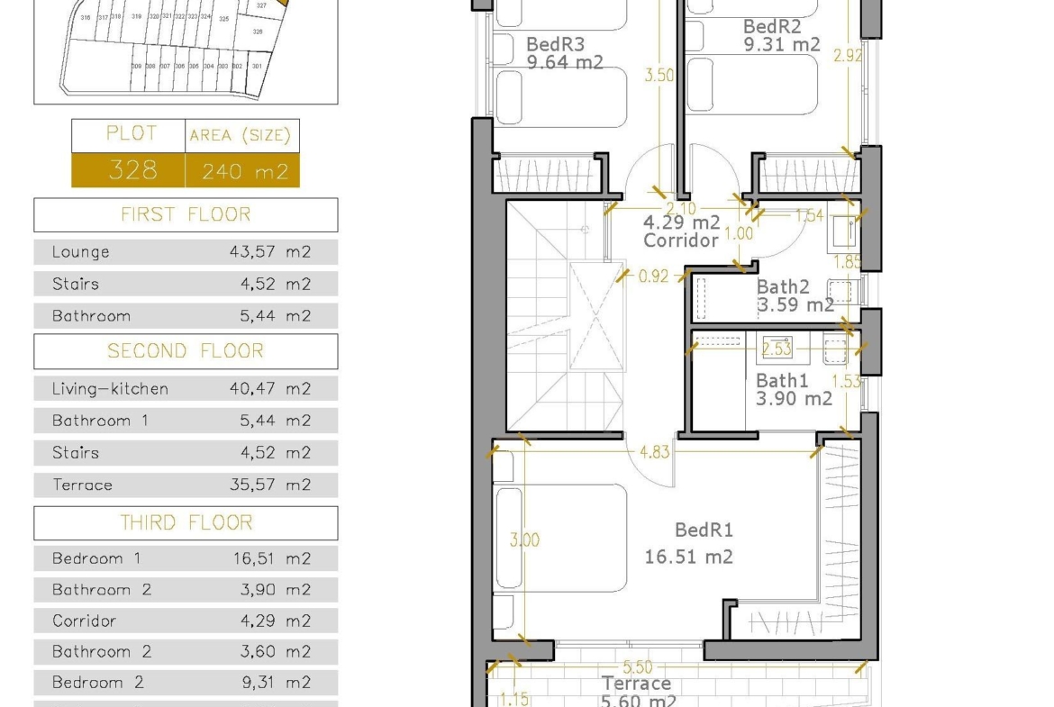 Modern 3-bedroom villa floor plan in Villamartin, Orihuela Costa, showcasing spacious bedrooms, terrace, and private solarium layout.
