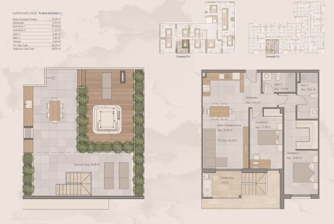 Spacious floor plan of new build 2 bedroom penthouse with sun-drenched solarium in Torre-Pacheco, Murcia.