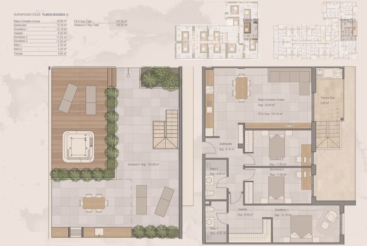 NEW-BUILD-PENTHOUSES-IN-TORRE-PACHECO-10 Spacious, modern 3-bedroom penthouse floor plan with expansive 108 m² sun-drenched solarium in Torre-Pacheco, Murcia