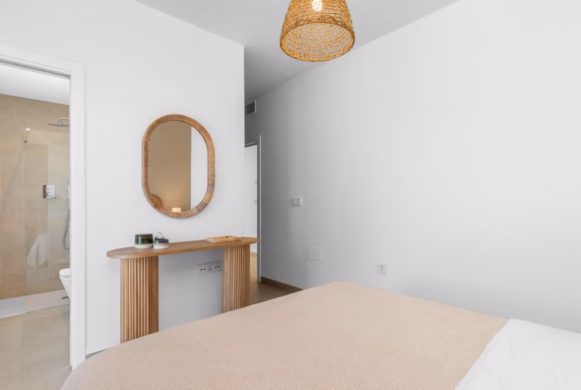 Bright and serene bedroom in elevated 2-bedroom penthouse with modern bathroom, Mar de Cristal new build.