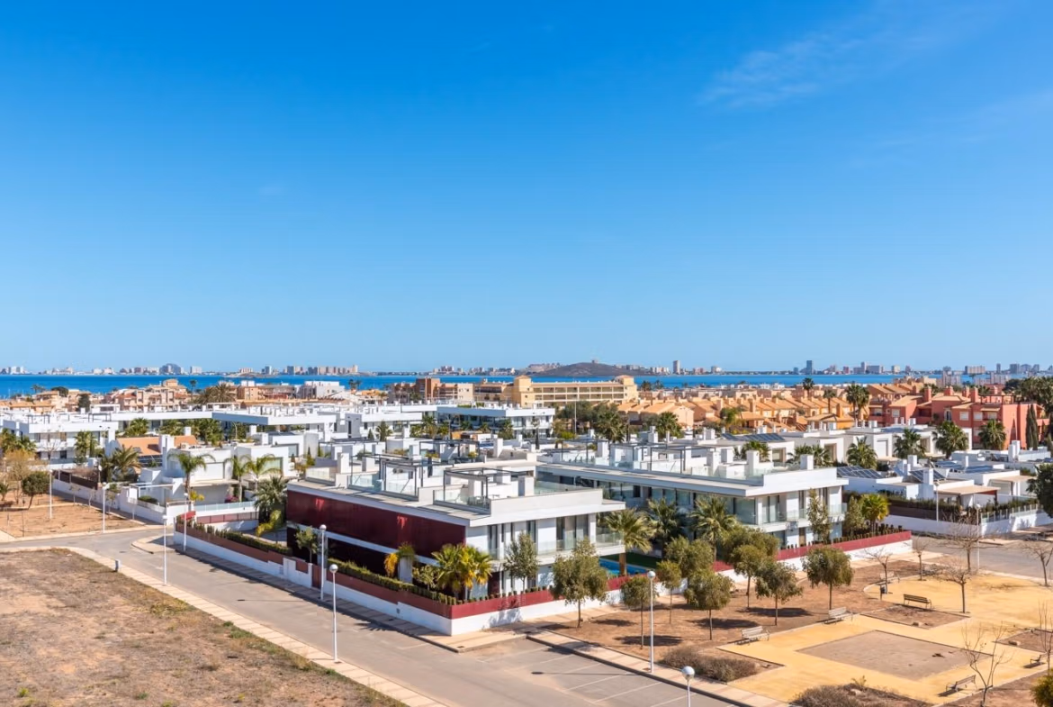 Panoramic aerial view of modern elevated 2-bedroom penthouse with private solarium and sea views in Mar de Cristal.