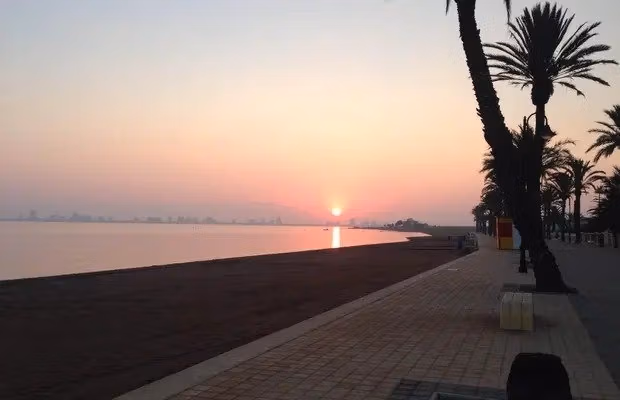 Sunset view over tranquil beach and palm-lined promenade near elevated 2-bedroom penthouse with private solarium in Mar de Cristal