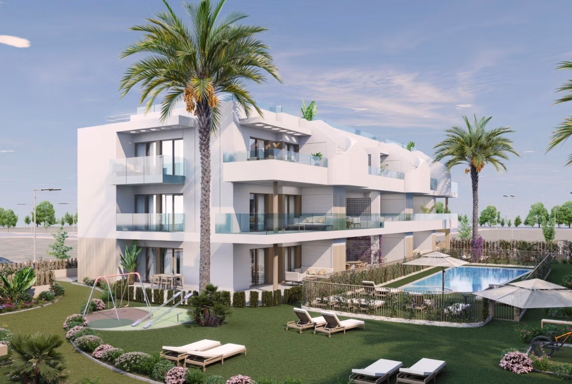 Modern spacious 3-bedroom apartment exterior with sunlit balconies, lush garden, and communal pool in Pilar de la Horadada
