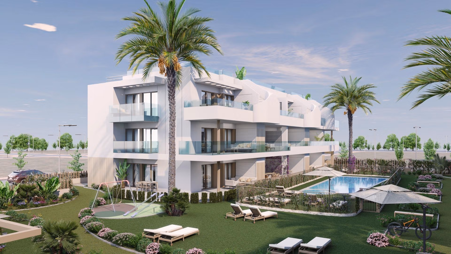 NEW-BUILD-RESIDENTIAL-COMPLEX-IN-PILAR-DE-LA-HORADADA-1 Modern spacious 3-bedroom apartment exterior with sunlit balconies, lush garden, and communal pool in Pilar de la Horadada