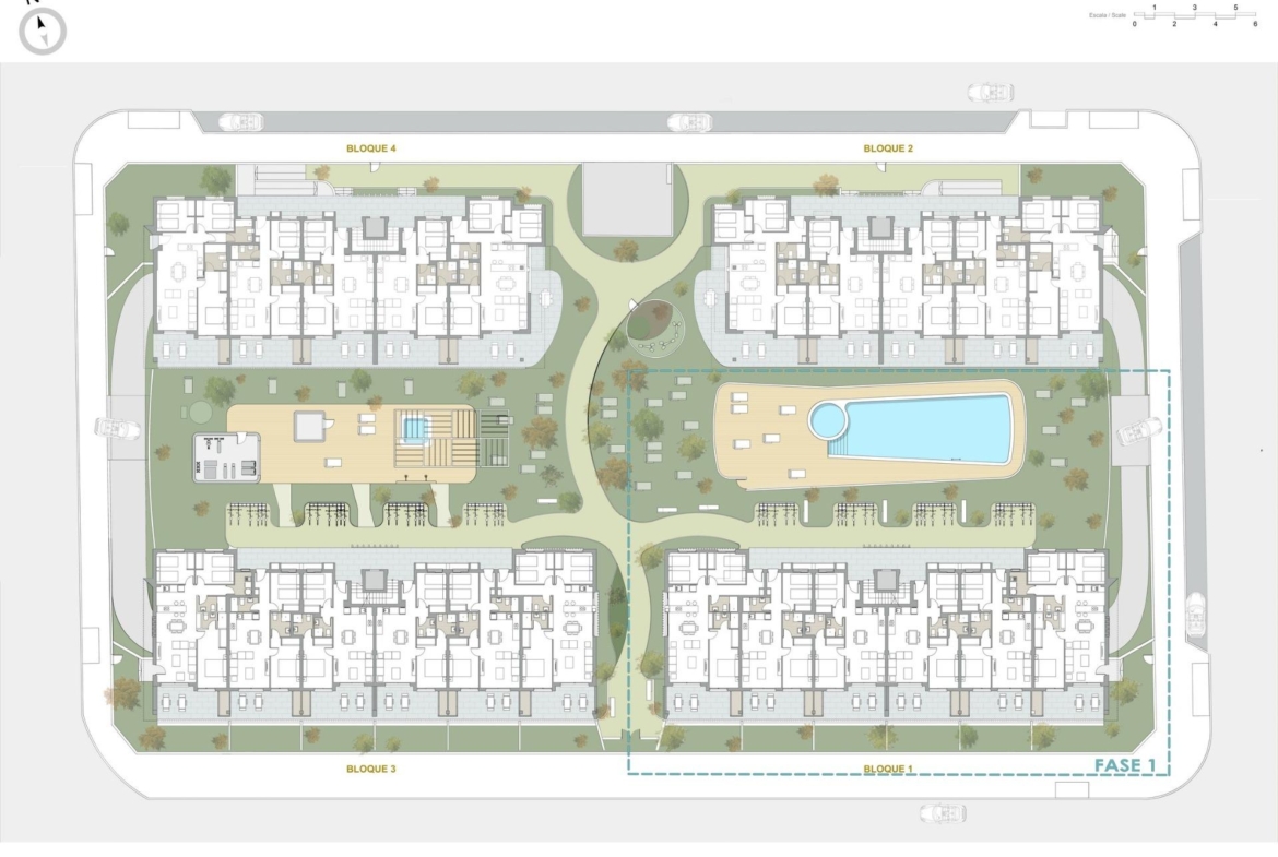 Elegant site plan showcasing a spacious 2-bedroom penthouse with sun-drenched solarium and landscaped gardens in Pilar de la Horadada.