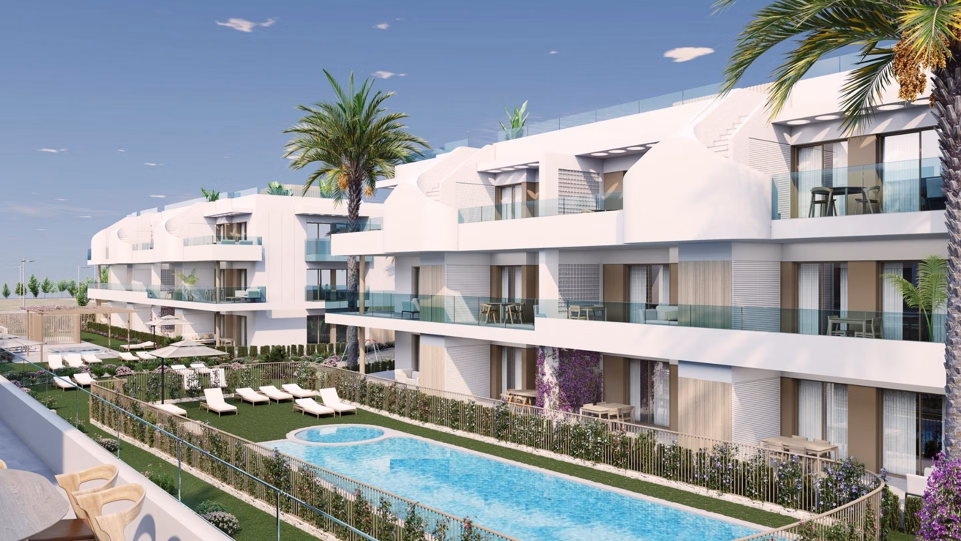 NEW-BUILD-RESIDENTIAL-COMPLEX-IN-PILAR-DE-LA-HORADADA-2 Sun-drenched modern 3-bedroom apartment with spacious balconies and communal pool in serene Pilar de la Horadada setting