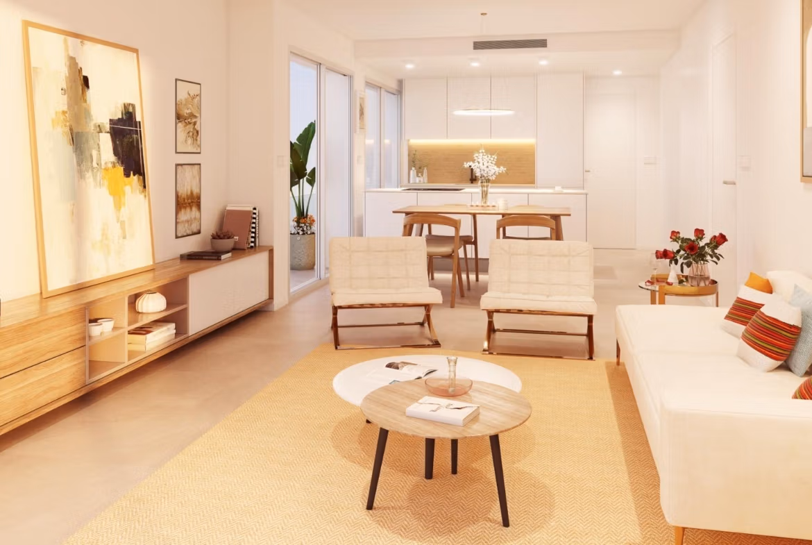 Bright, modern living room with open-plan kitchen in spacious 3-bedroom apartment for sale in Pilar de la Horadada