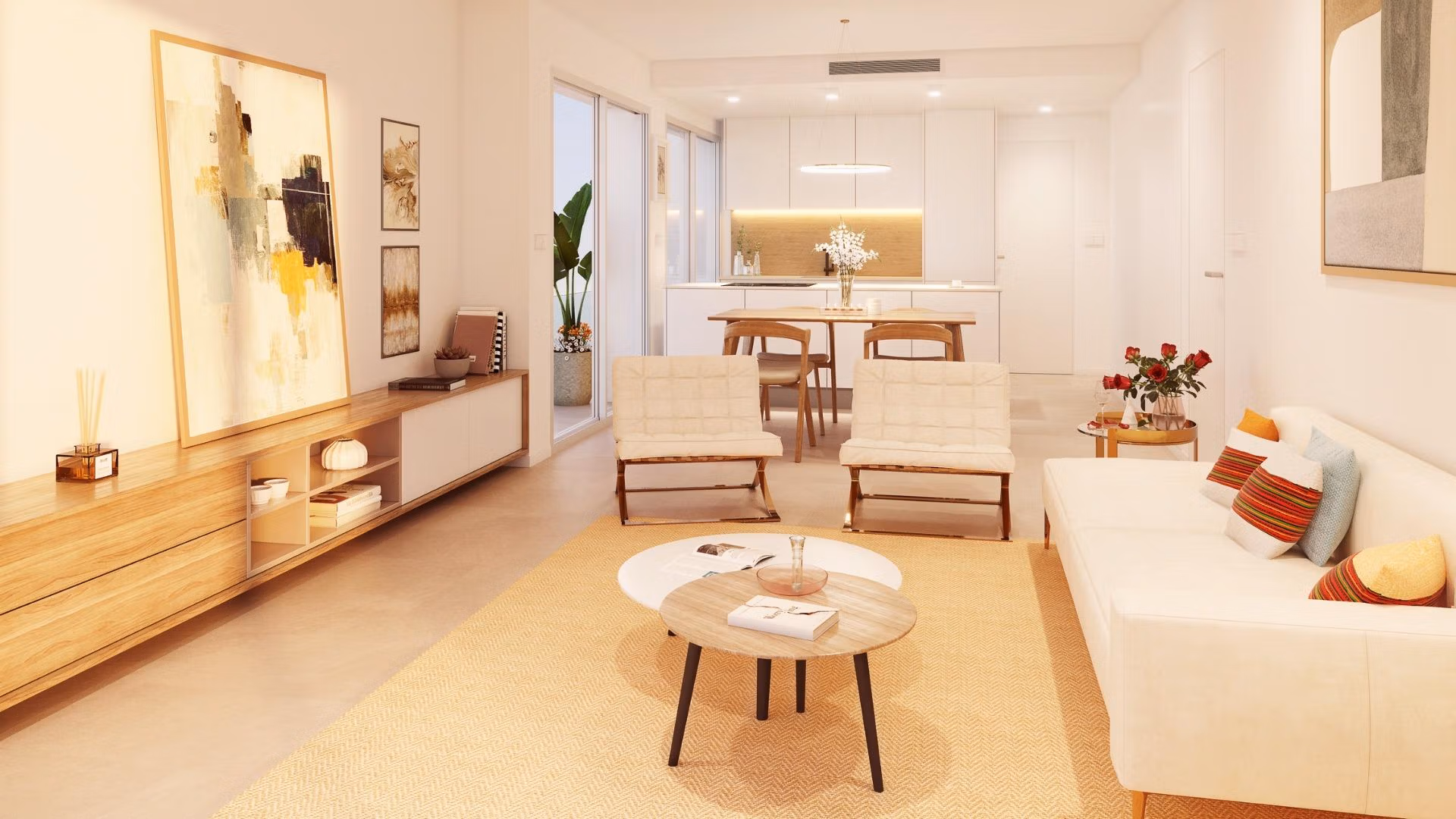 NEW-BUILD-RESIDENTIAL-COMPLEX-IN-PILAR-DE-LA-HORADADA-3 Bright, modern living room with open-plan kitchen in spacious 3-bedroom apartment for sale in Pilar de la Horadada
